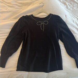 LOFT Black Top with Rhinestone Bow Accent